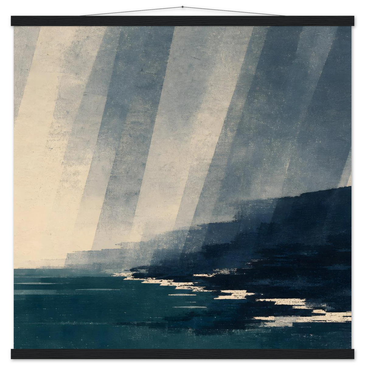 Rain Coast: japandi, teal blue and atmosphere. Fine art poster with wooden hanger by The Light Stays.