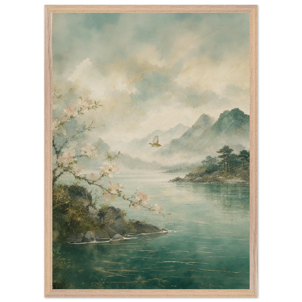 Celadon Flight: birds, japanese landscape and japandi. Framed fine art print by The Light Stays.