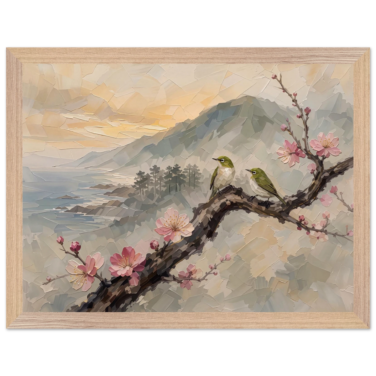Plum Branch Pair: birds, japanese landscape and japandi. Framed fine art print by The Light Stays.