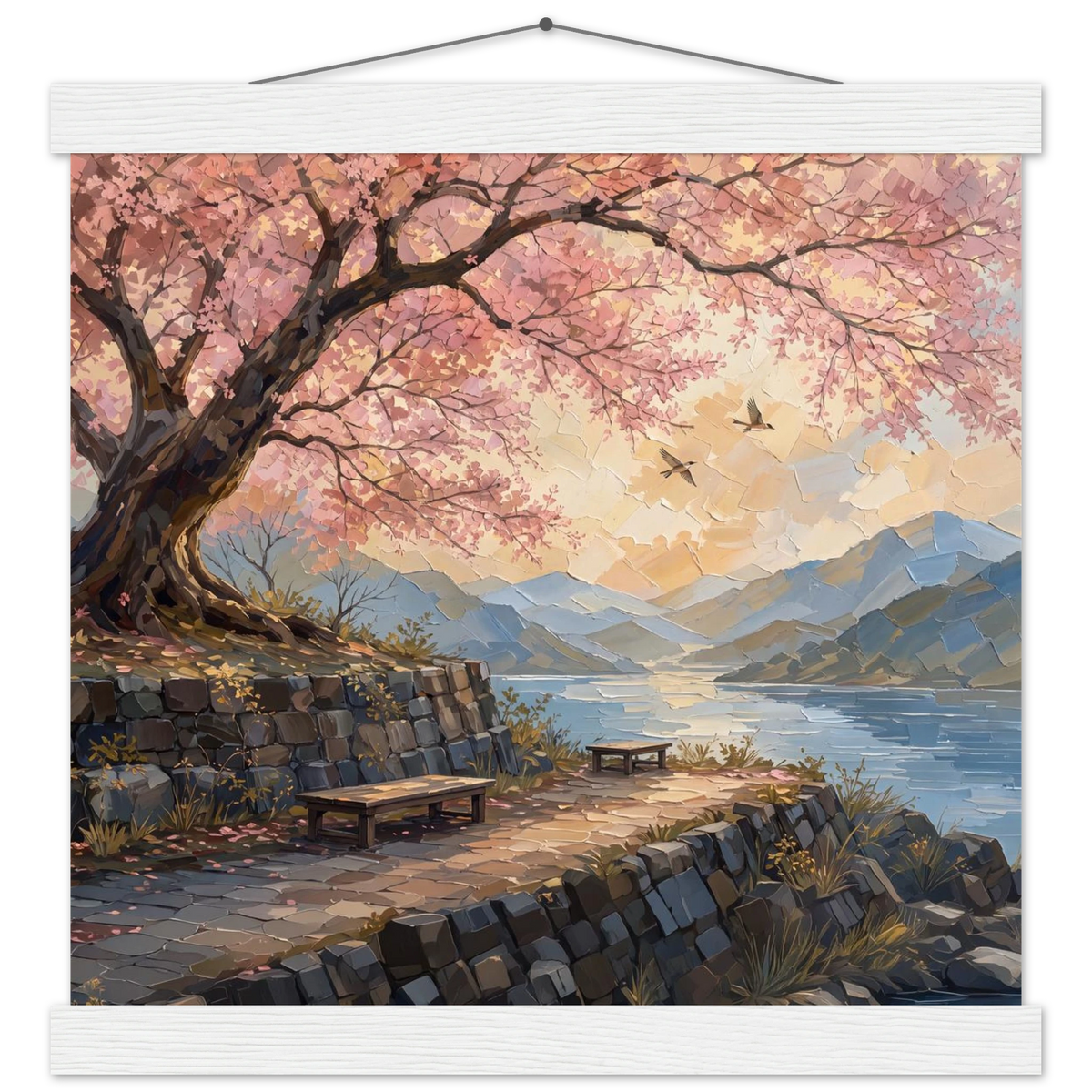 Cherry Blossom Lake: japanese art, sunset and japandi. Fine art poster with wooden hanger by The Light Stays.