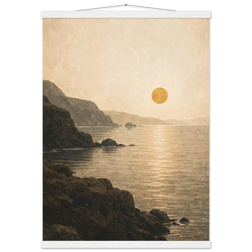 Pôster Amber Coast com suporte de madeira, pôr do sol em tons quentes sobre a costa