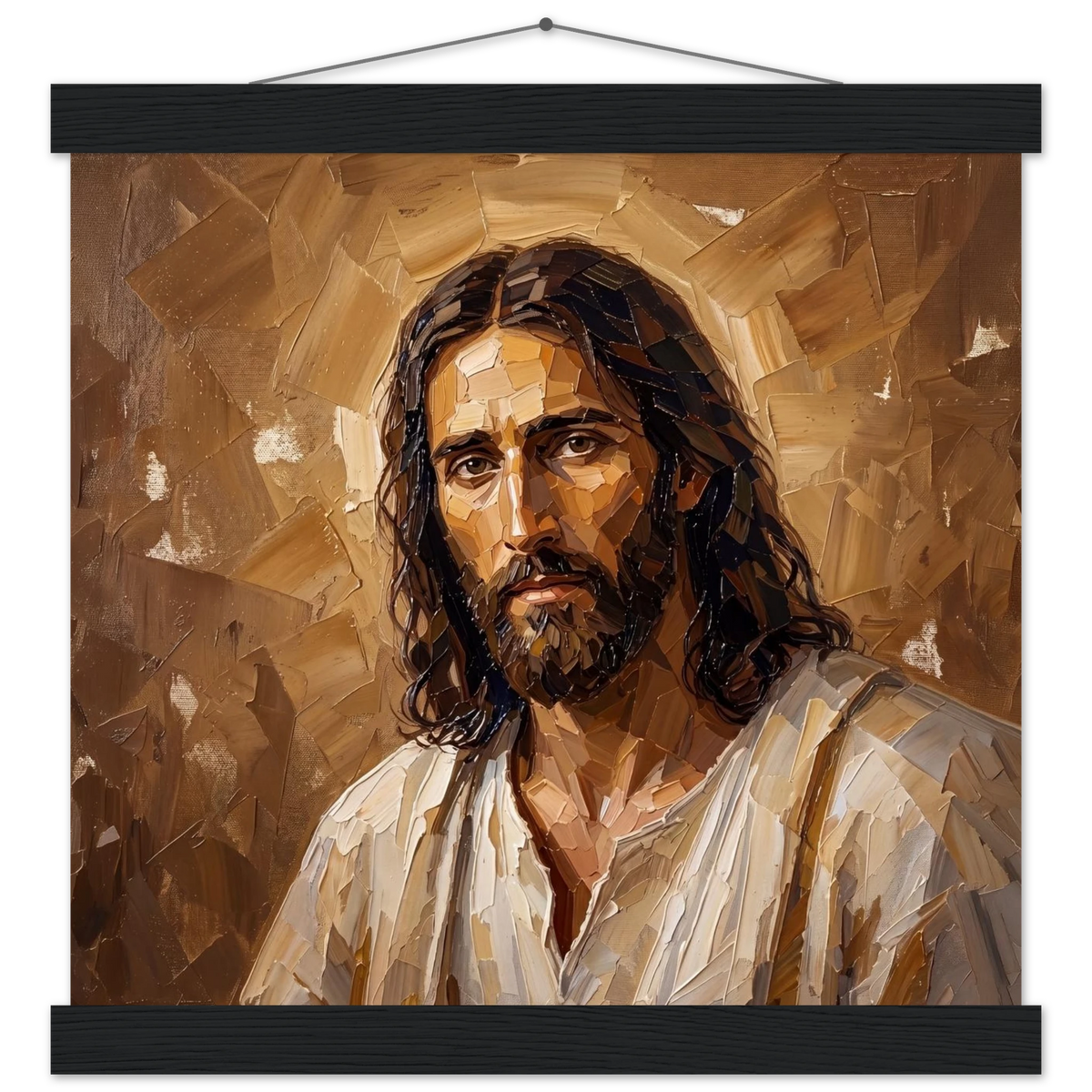 Kind Eyes: jesus, faith and serene gaze. Fine art poster with wooden hanger by The Light Stays.