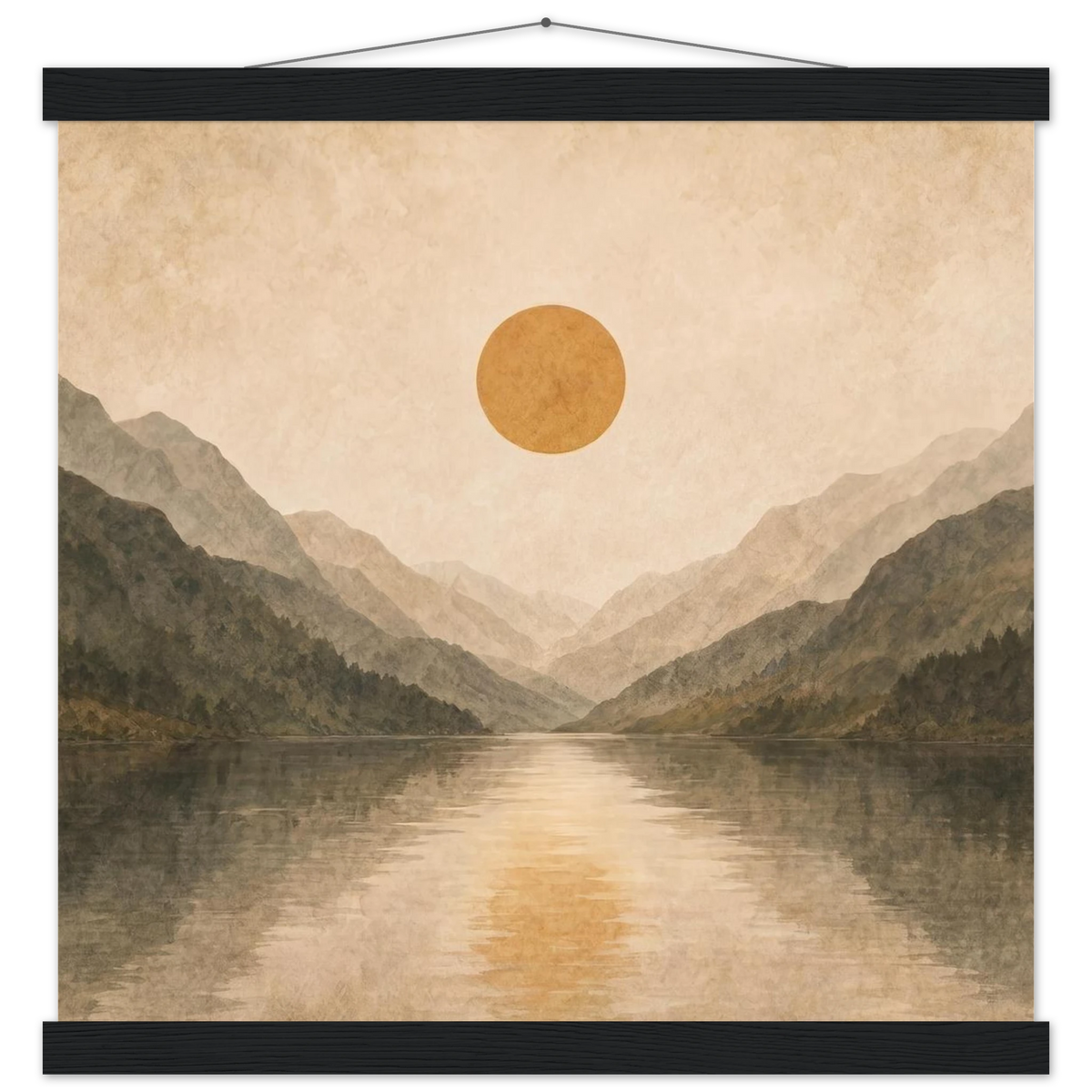Lake Mirror: mountains, sunset and sun reflection. Fine art poster with wooden hanger by The Light Stays.
