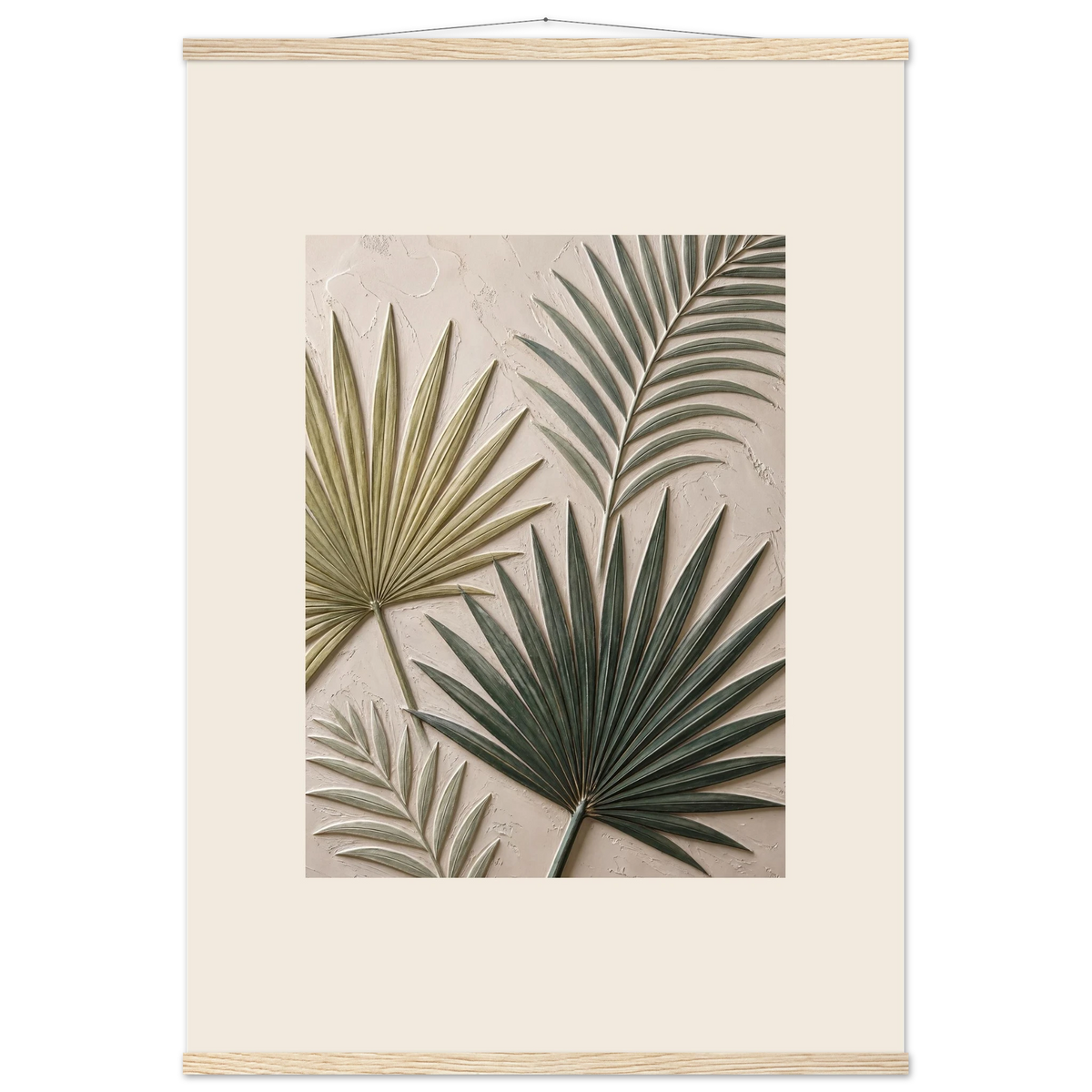 Carved Fronds: impasto, leaves and sand tones. Fine art poster, alternate frame and size.