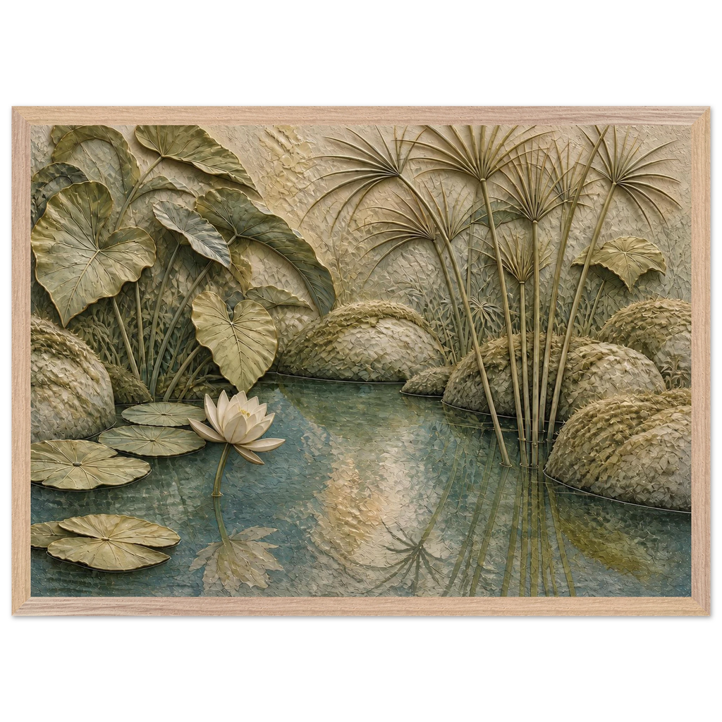 Papyrus Pond: lake, papyrus and serene greens. Framed fine art print by The Light Stays.