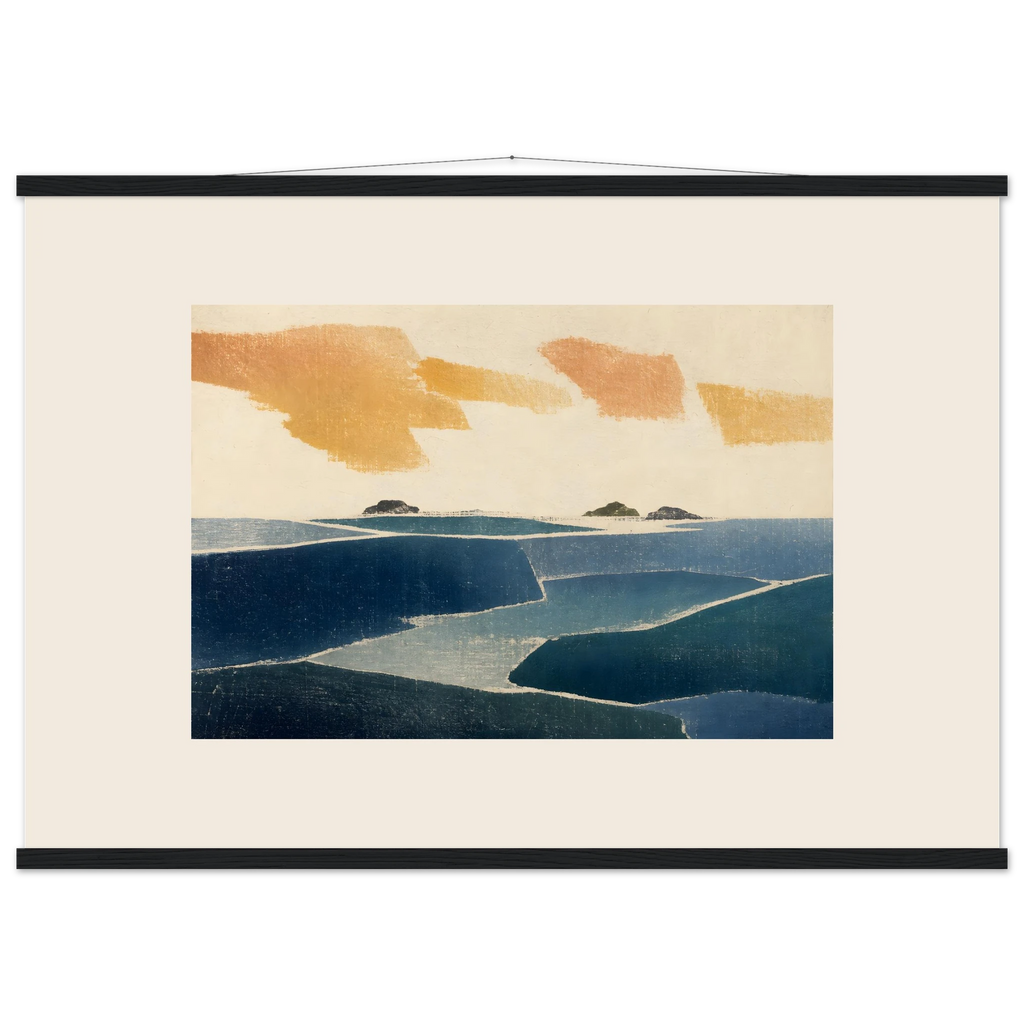 Amber and Indigo, abstract, coastline and color field. Archival fine art poster shown framed.