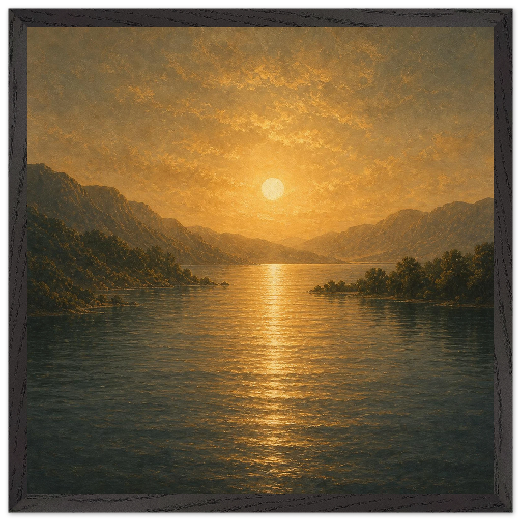 Quadro emoldurado Reflexo Dourado, lago e montanhas sob luz dourada