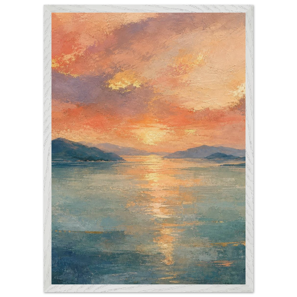 Setouchi Peach Dawn: riviera and japandi. Framed fine art print, alternate frame and size.