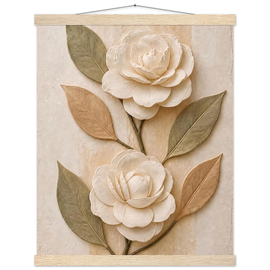 Carved Camellia: flowers and botanical. Museum-quality fine art poster.