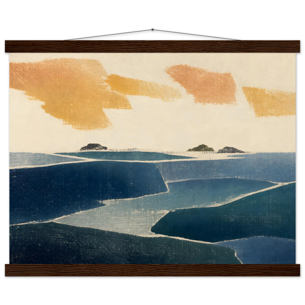 Amber and Indigo, abstract, coastline and color field. Archival fine art poster shown framed.