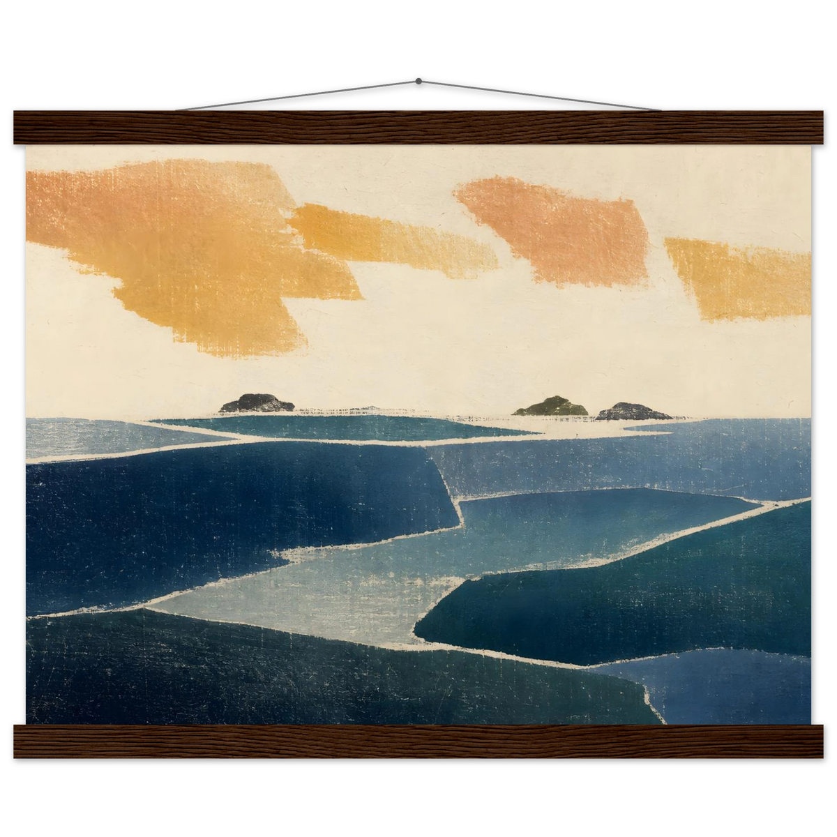 Amber and Indigo, abstract, coastline and color field. Archival fine art poster shown framed.