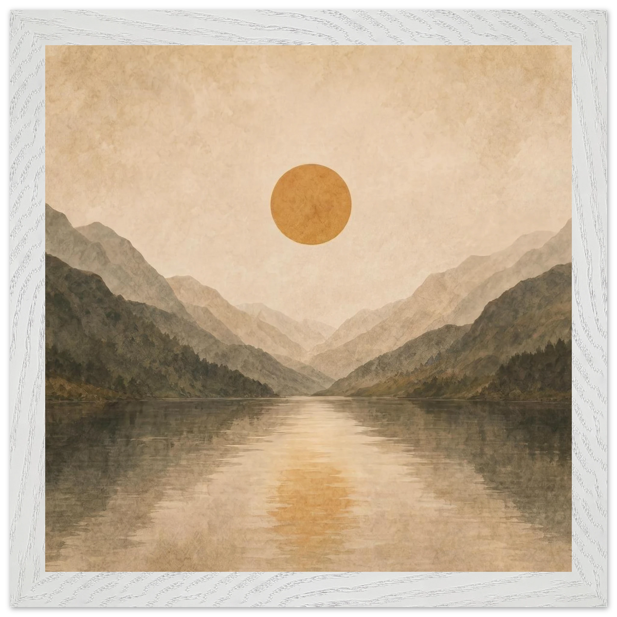 Lake Mirror: mountains, sunset and sun reflection. Framed fine art print by The Light Stays.