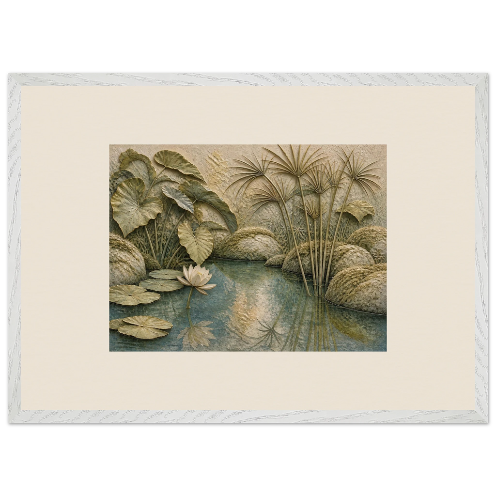 Papyrus Pond: lake, papyrus and serene greens. Framed fine art print by The Light Stays.