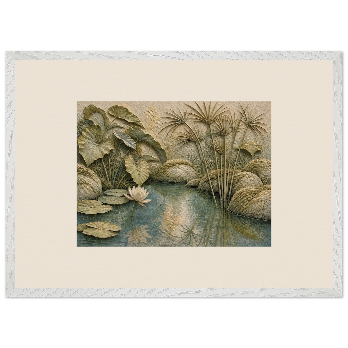 Papyrus Pond: lake, papyrus and serene greens. Framed fine art print by The Light Stays.