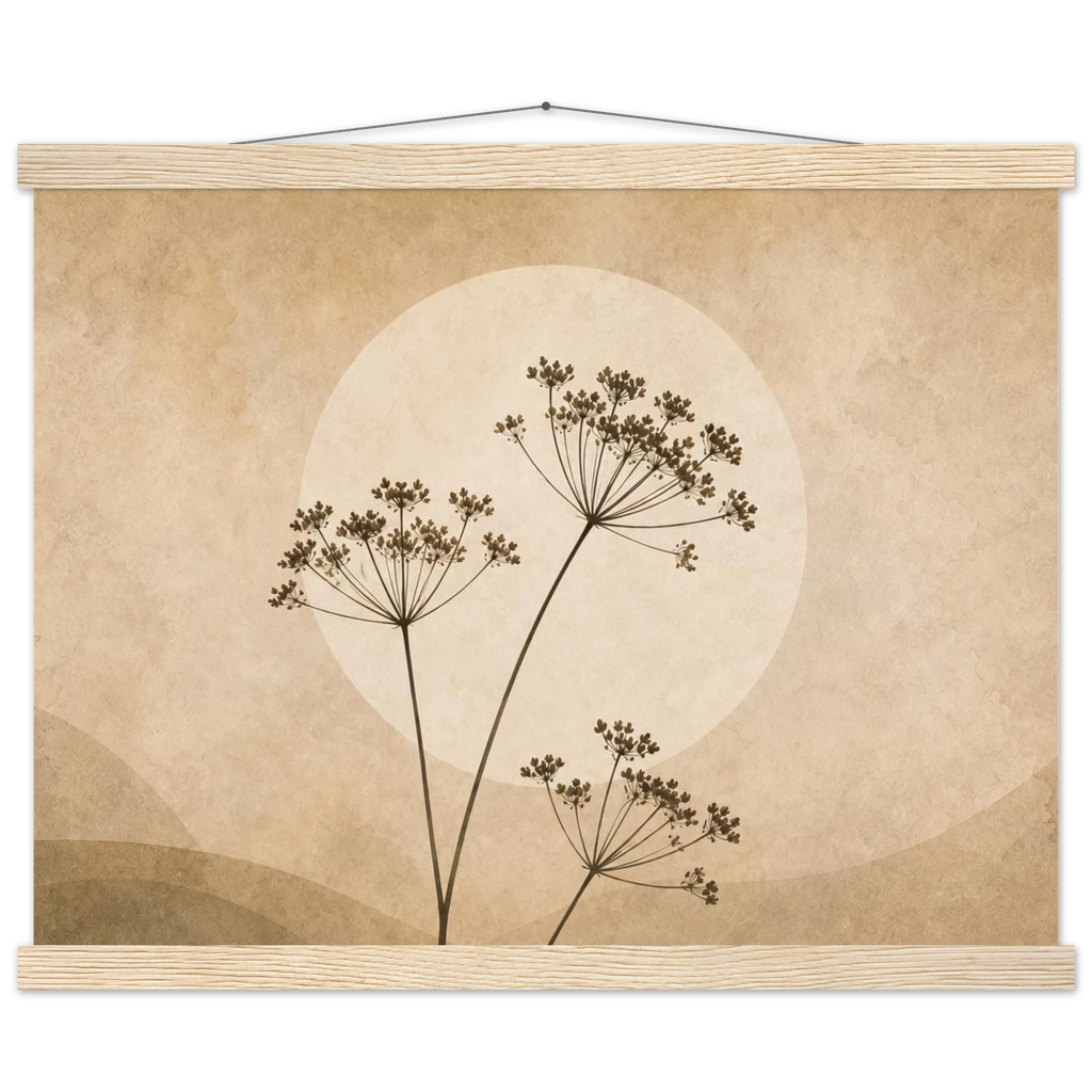 Pôster Wild Stems com suporte de madeira, hastes botânicas suaves em composição circular
