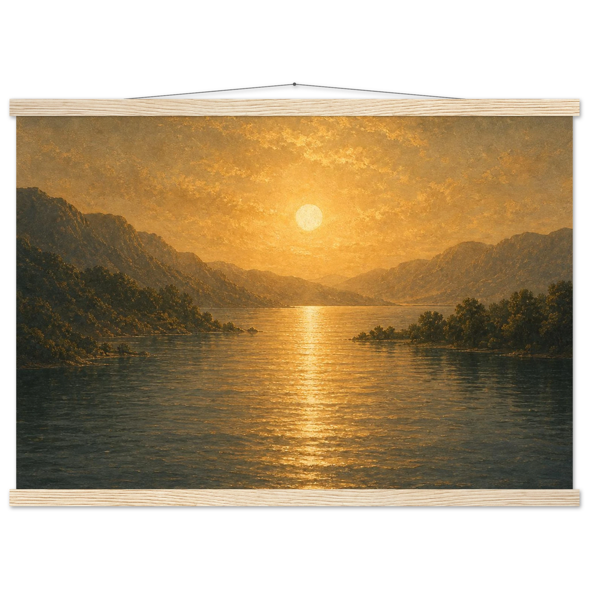 Golden Reflection: lake, sunset and mountains. Fine art poster with wooden hanger by The Light Stays.