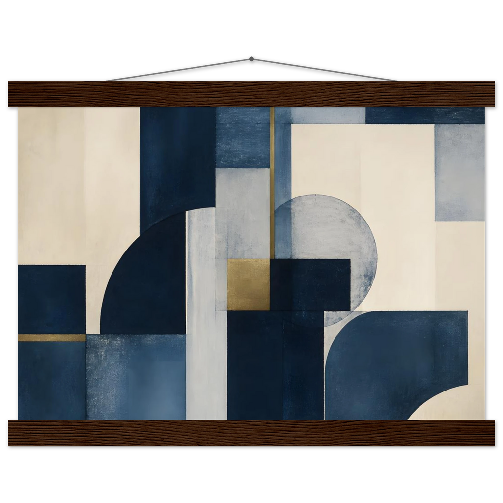 Blue Architecture: geometric abstract, blue and cream. Fine art poster, alternate frame and size.