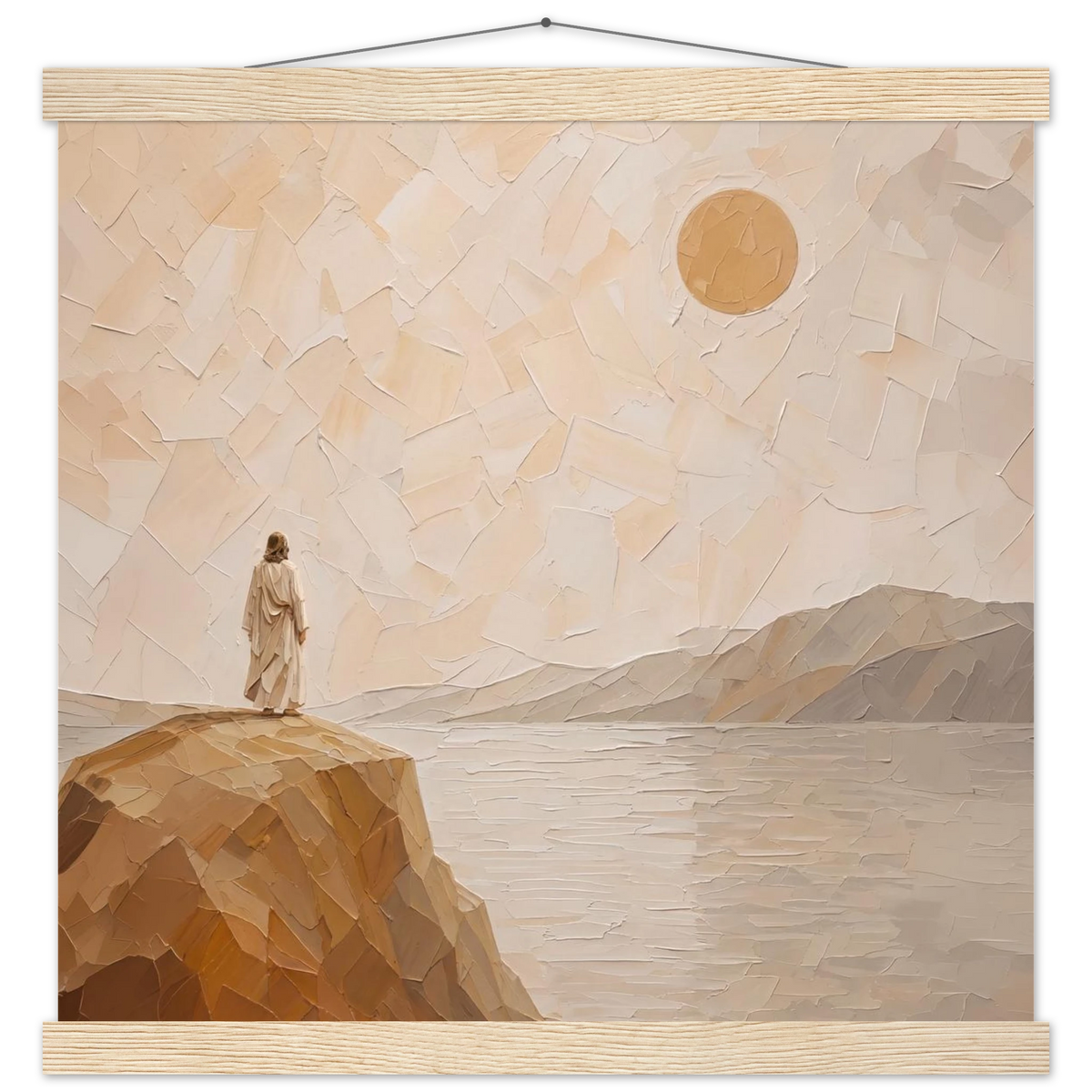 Salt Shore: jesus, cliff and sea. Fine art poster with wooden hanger by The Light Stays.