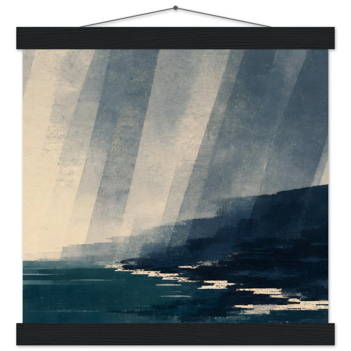 Rain Coast: japandi, teal blue and atmosphere. Fine art poster with wooden hanger by The Light Stays.