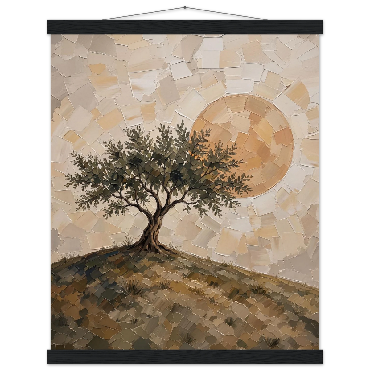 Olive Noon: hills, botanical and golden tones. Fine art poster with wooden hanger by The Light Stays.