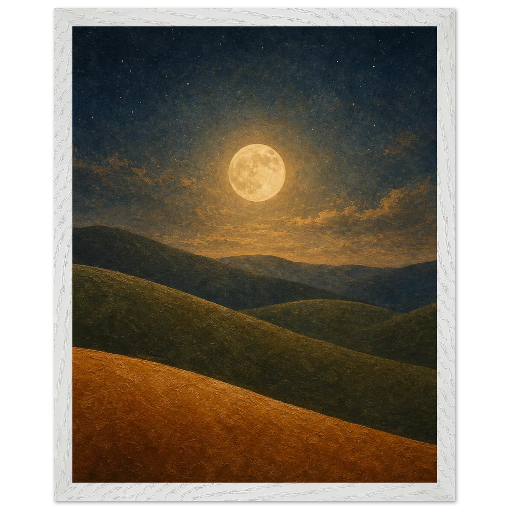Quadro emoldurado Colinas da Lua, lua cheia sobre colinas em oliva e argila