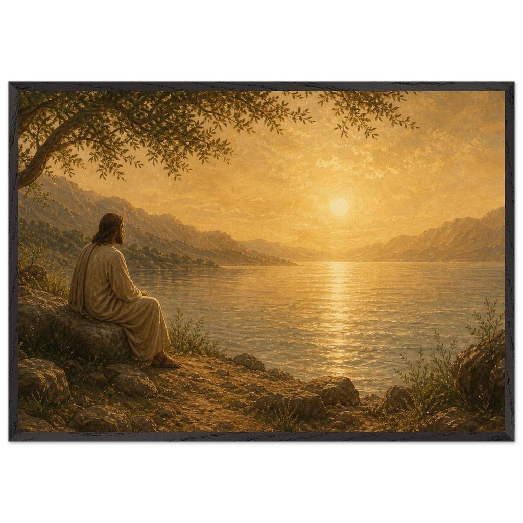 Quadro cristão Bênção do Lago, Jesus sob uma oliveira diante de um lago dourado
