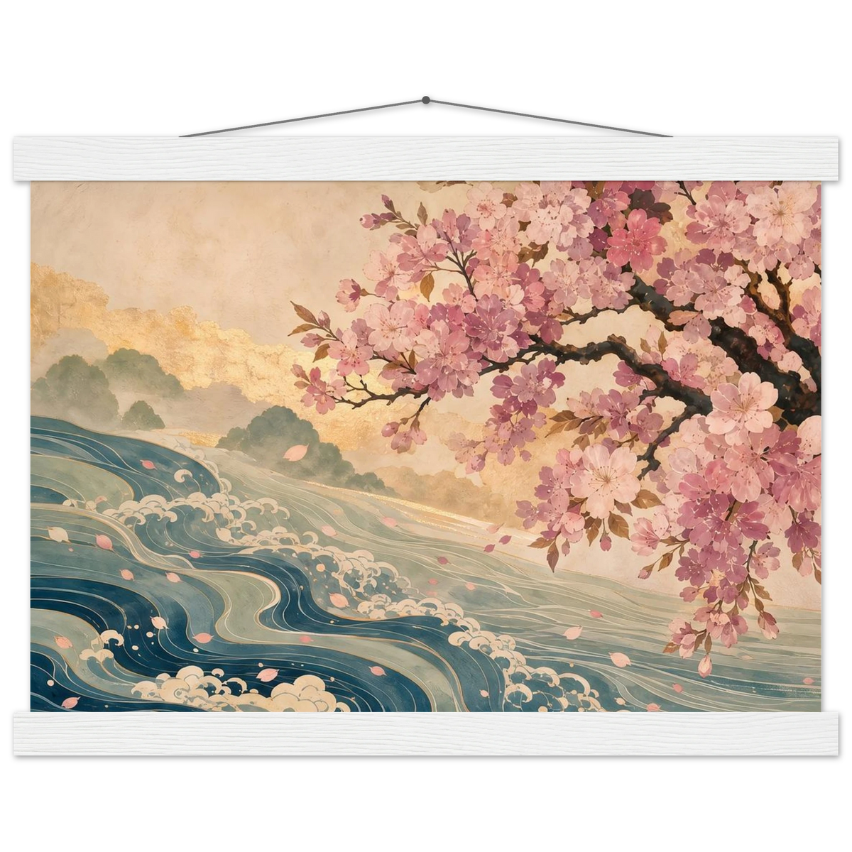 Blossom Tide: japanese art, cherry blossom and wave. Fine art poster with wooden hanger by The Light Stays.