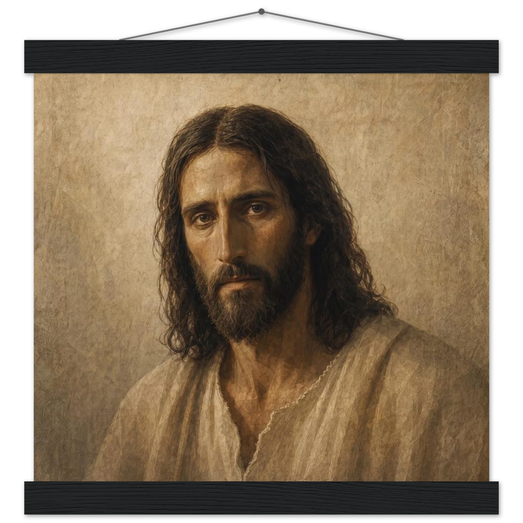 Pôster Kind Eyes com suporte de madeira, retrato sereno de Jesus em luz quente