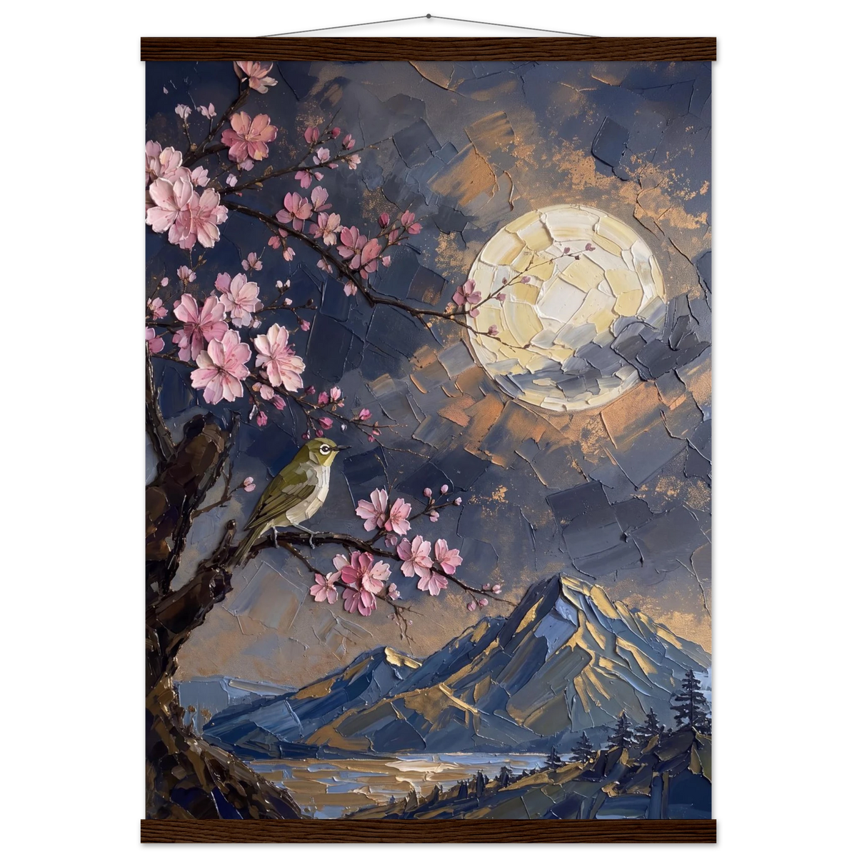 Blossom Moon: cherry blossom, japanese landscape and night. Fine art poster with wooden hanger by The Light Stays.
