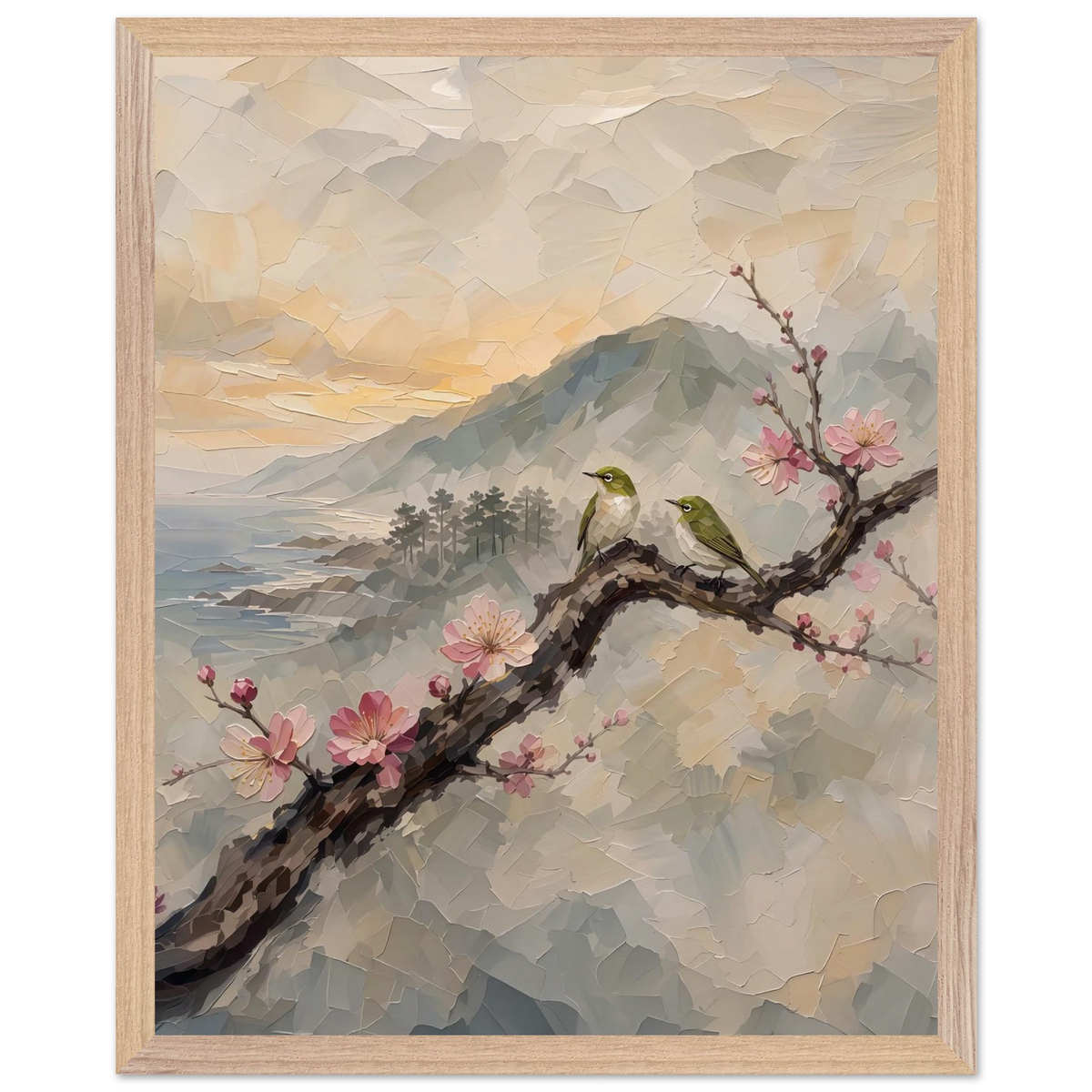 Plum Branch Pair: birds, japanese landscape and japandi. Framed fine art print by The Light Stays.