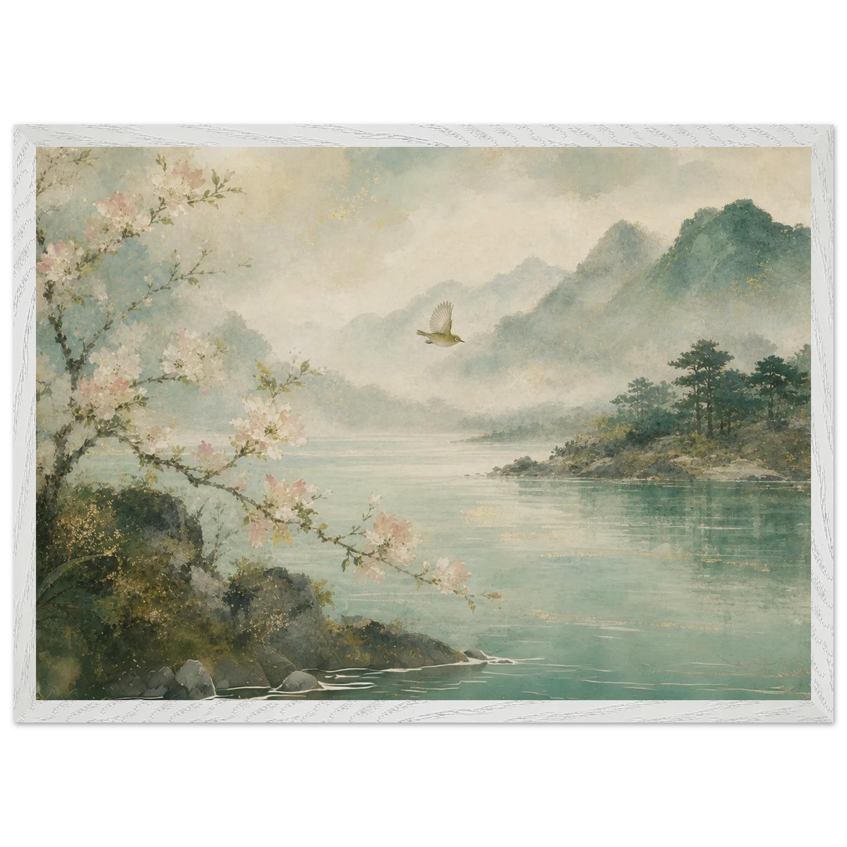 Celadon Flight: birds, japanese landscape and japandi. Framed fine art print by The Light Stays.