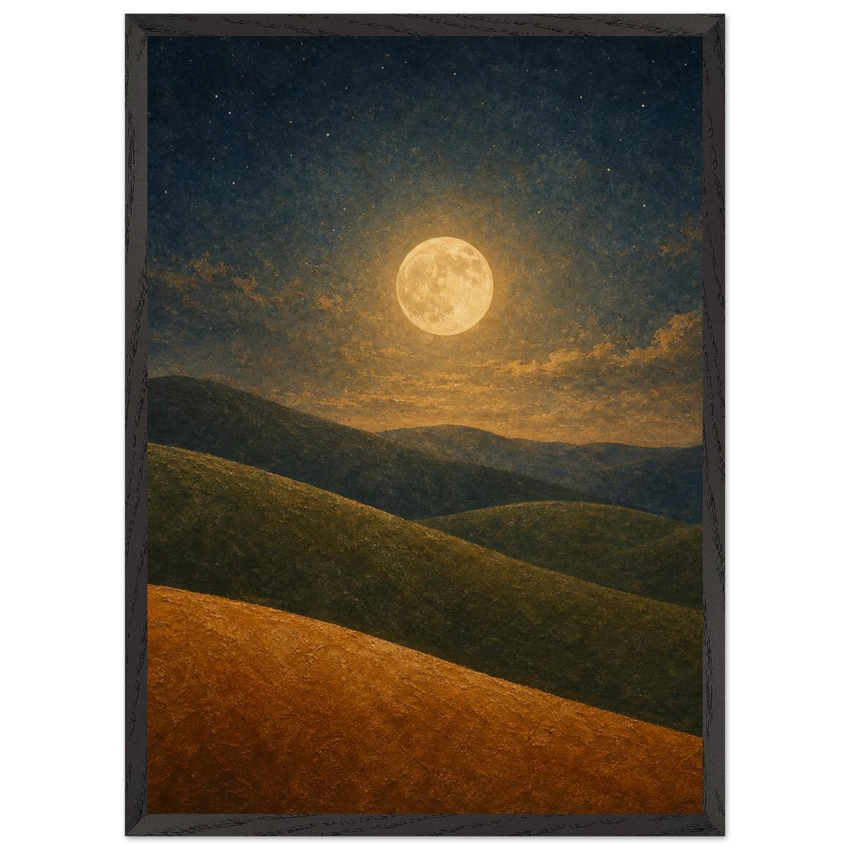 Moon Hills: night, minimalist landscape and charcoal. Framed fine art print by The Light Stays.