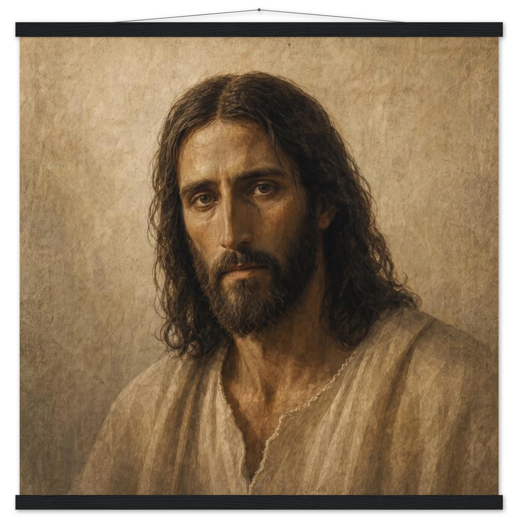 Pôster Kind Eyes com suporte de madeira, retrato sereno de Jesus em luz quente