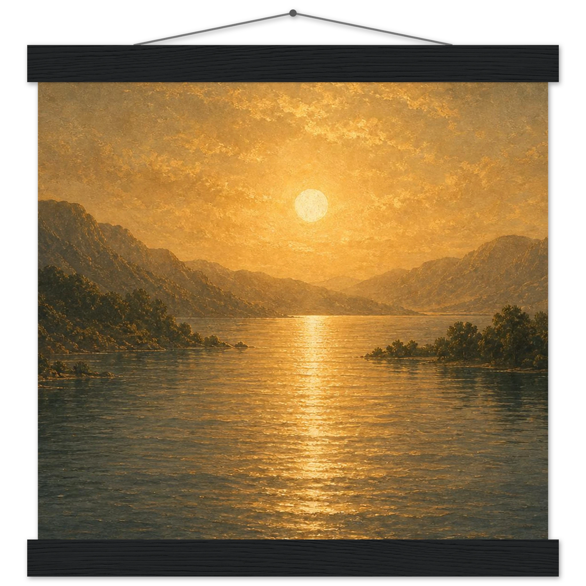 Golden Reflection: lake, sunset and mountains. Fine art poster with wooden hanger by The Light Stays.