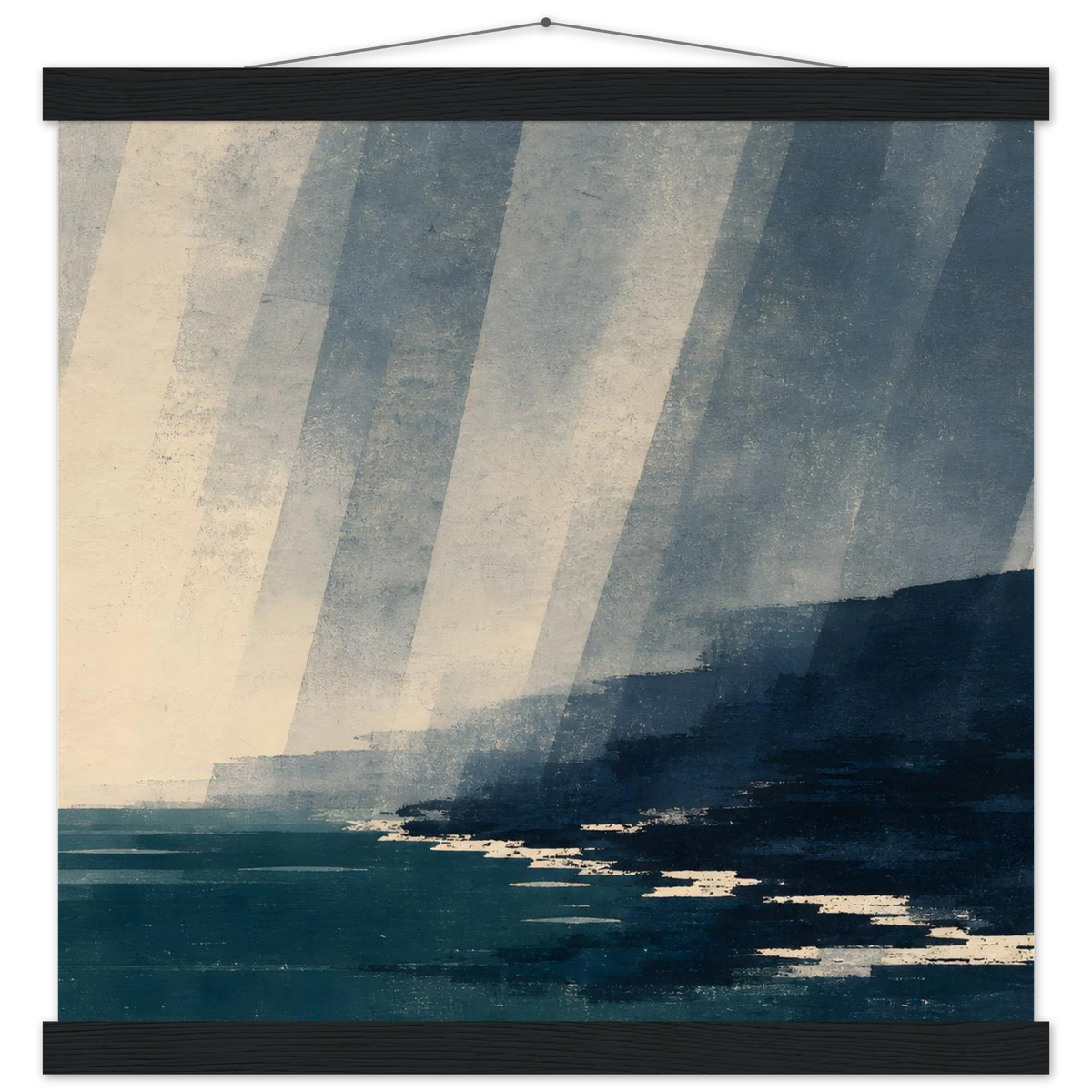 Rain Coast: japandi, teal blue and atmosphere. Fine art poster with wooden hanger by The Light Stays.