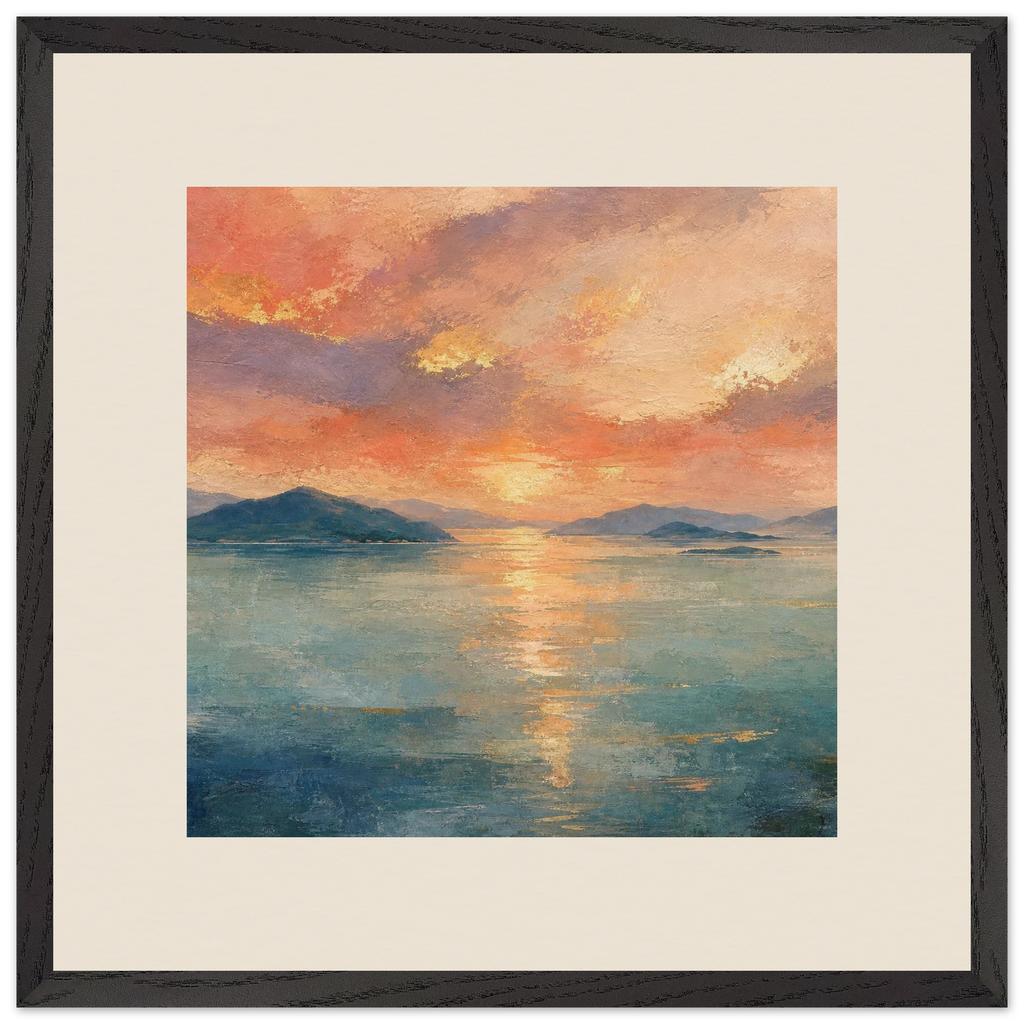 Setouchi Peach Dawn, riviera and japandi. Archival framed fine art print shown framed.