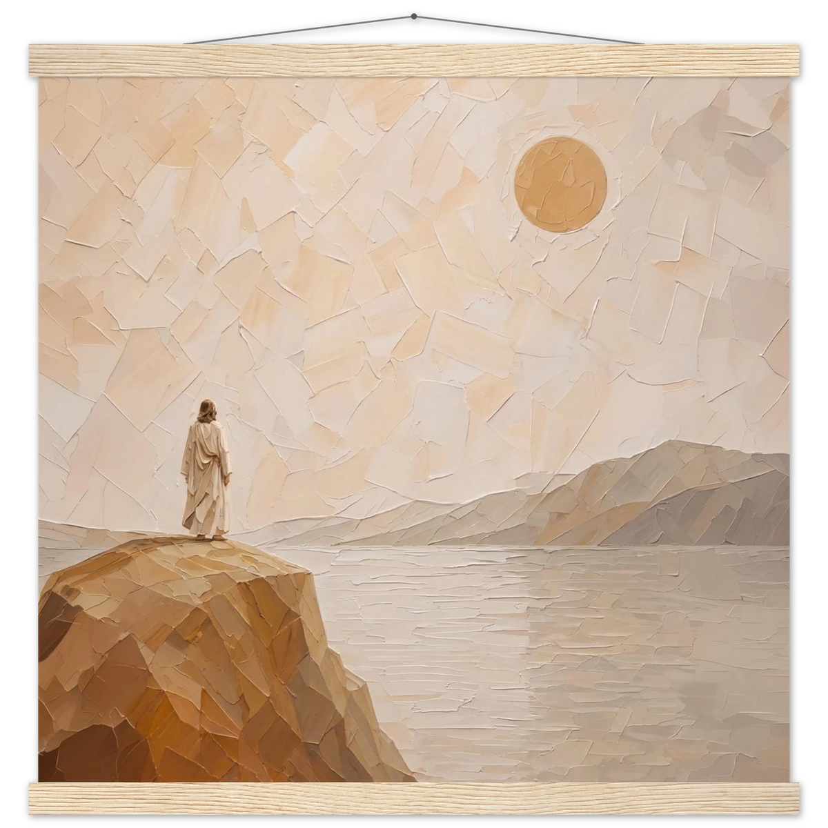 Salt Shore: jesus, cliff and sea. Fine art poster with wooden hanger by The Light Stays.