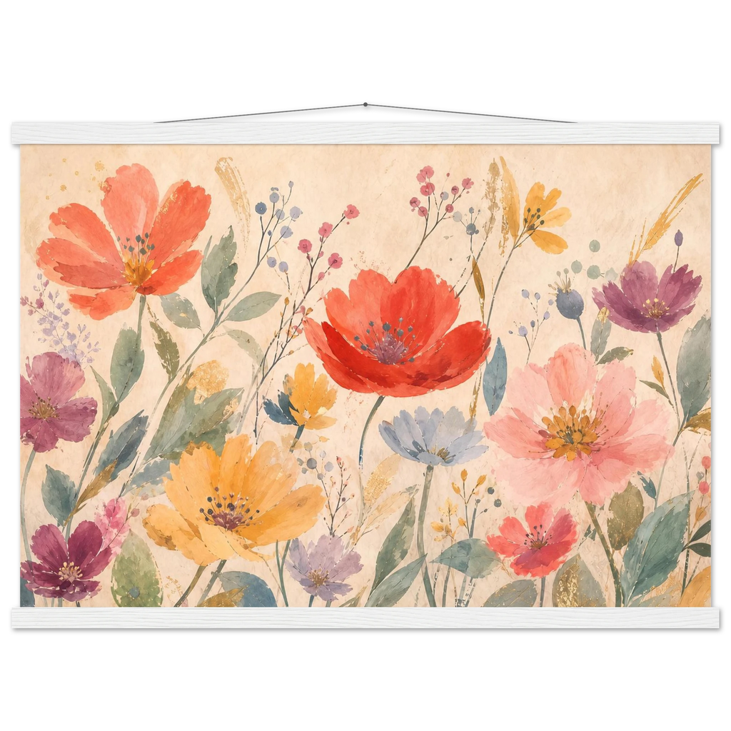 Floral Rhythm, flowers and botanical. Archival fine art poster shown framed.