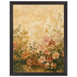 Pintura de campo de flores abertas em verdes de oliveira e tons quentes sobre fundo creme, em quadro emoldurado