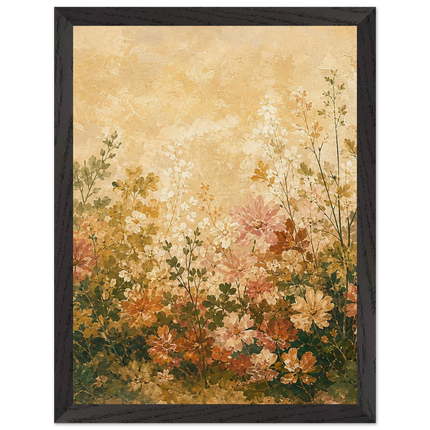 Pintura de campo de flores abertas em verdes de oliveira e tons quentes sobre fundo creme, em quadro emoldurado
