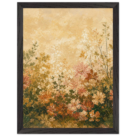 Pintura de campo de flores abertas em verdes de oliveira e tons quentes sobre fundo creme, em quadro emoldurado