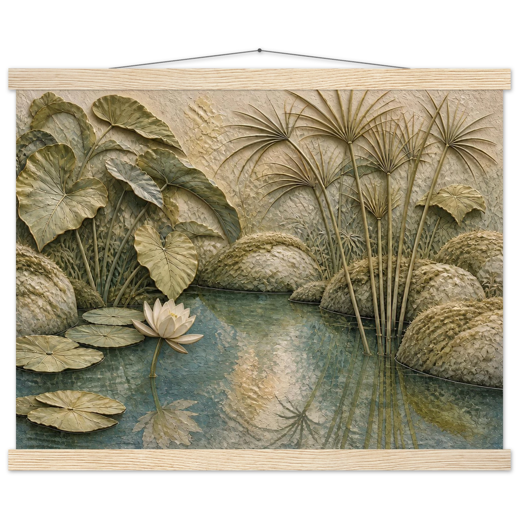 Papyrus Pond: lake, papyrus and serene greens. Fine art poster by The Light Stays.