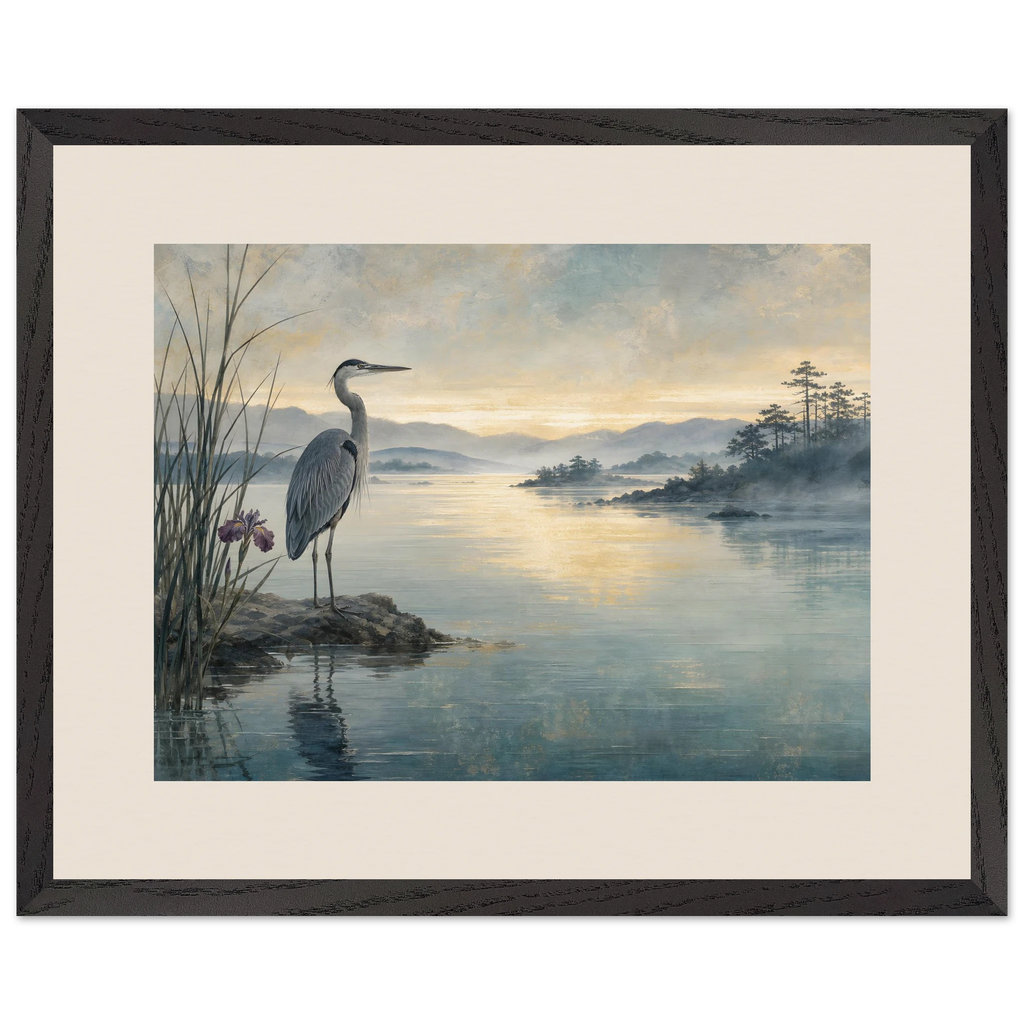 Heron at Dawn: japanese art and japandi. Museum-quality framed fine art print.