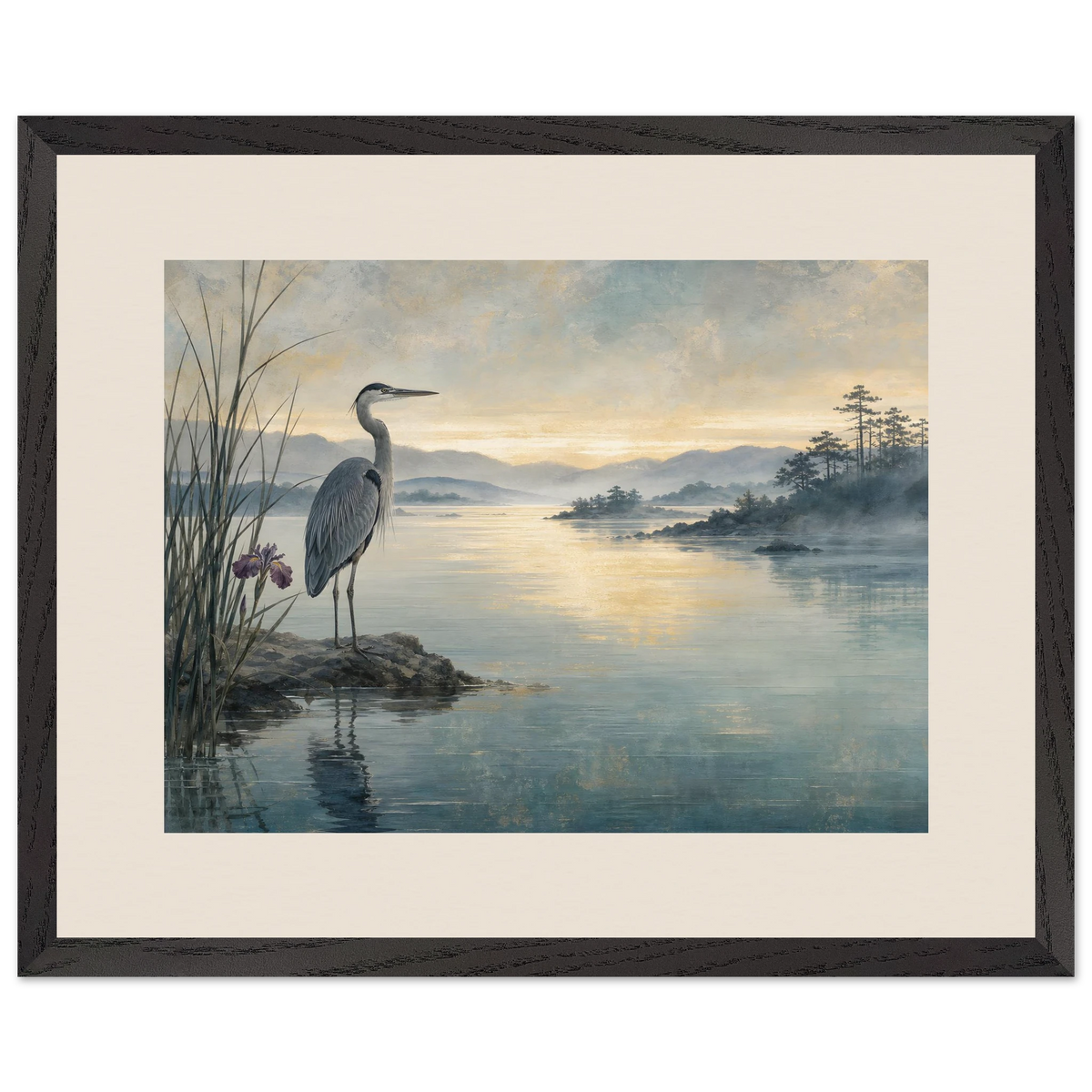 Heron at Dawn: japanese art and japandi. Museum-quality framed fine art print.