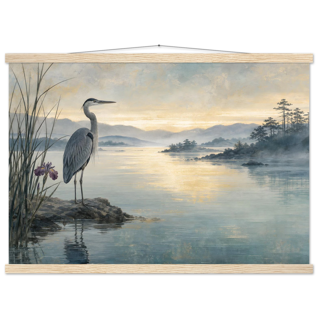 Heron at Dawn: japanese art and japandi. Fine art poster by The Light Stays.