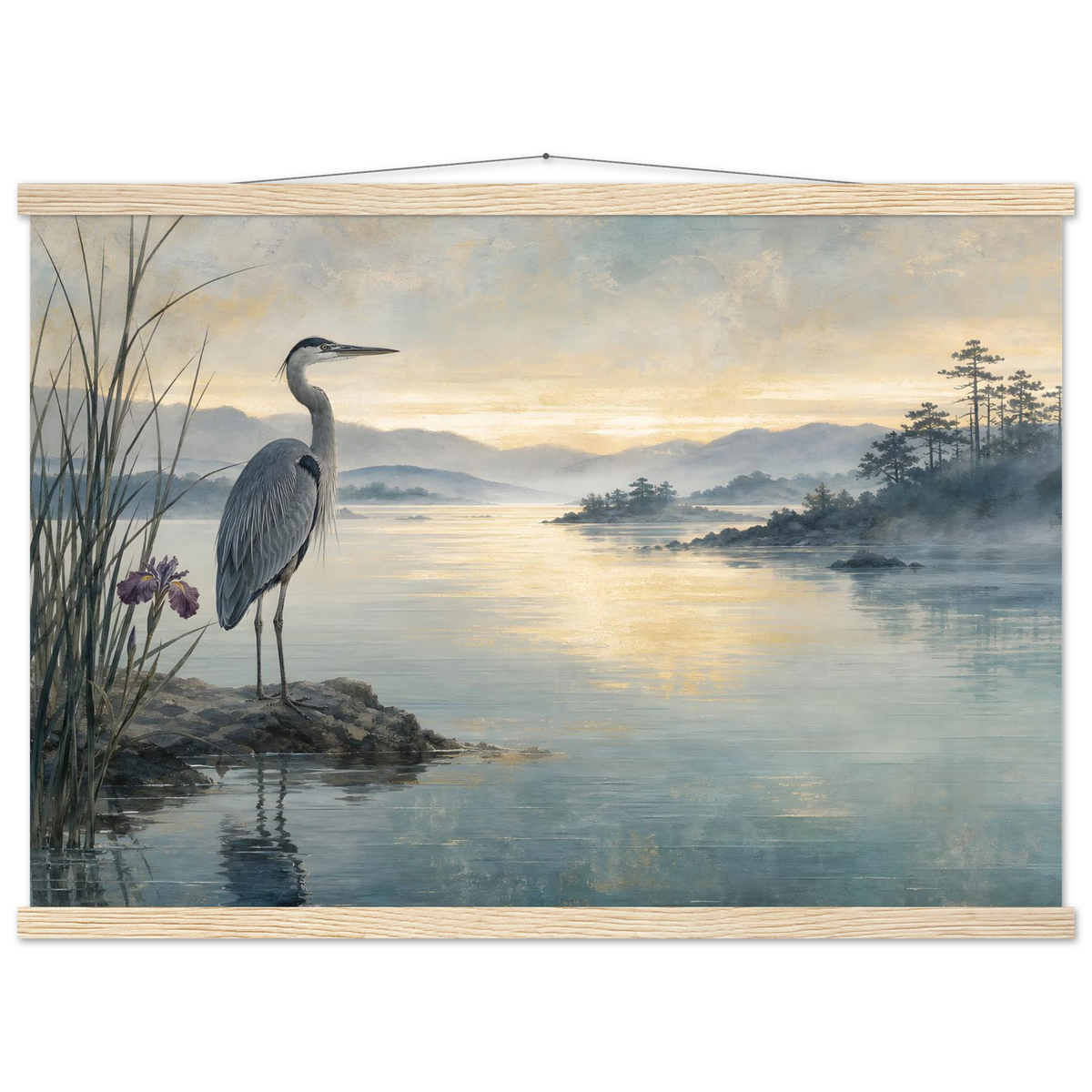 Heron at Dawn: japanese art and japandi. Fine art poster by The Light Stays.