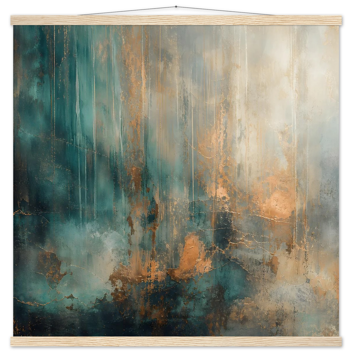 Copper Rain: abstract, texture and metallic tones. Fine art poster with wooden hanger by The Light Stays.