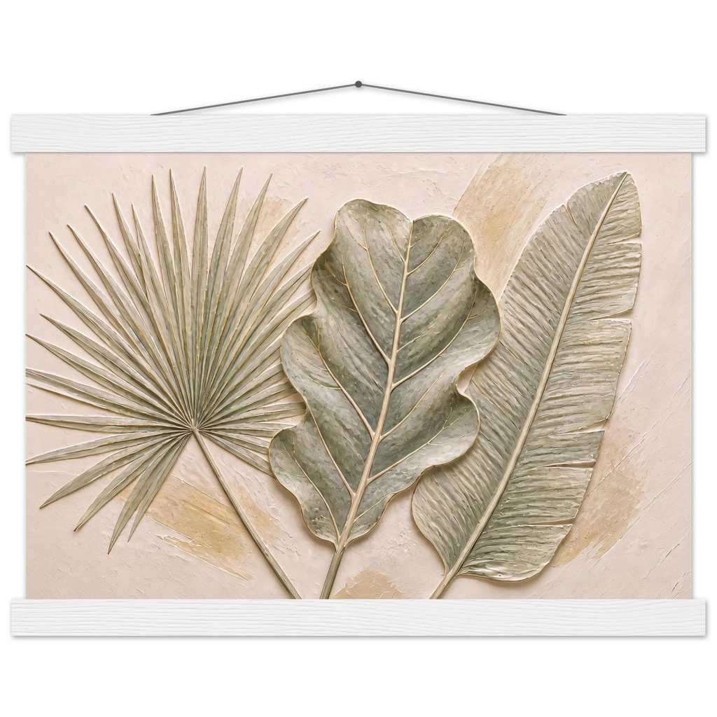 Three Leaves, botanical and nature. Archival fine art poster shown framed.