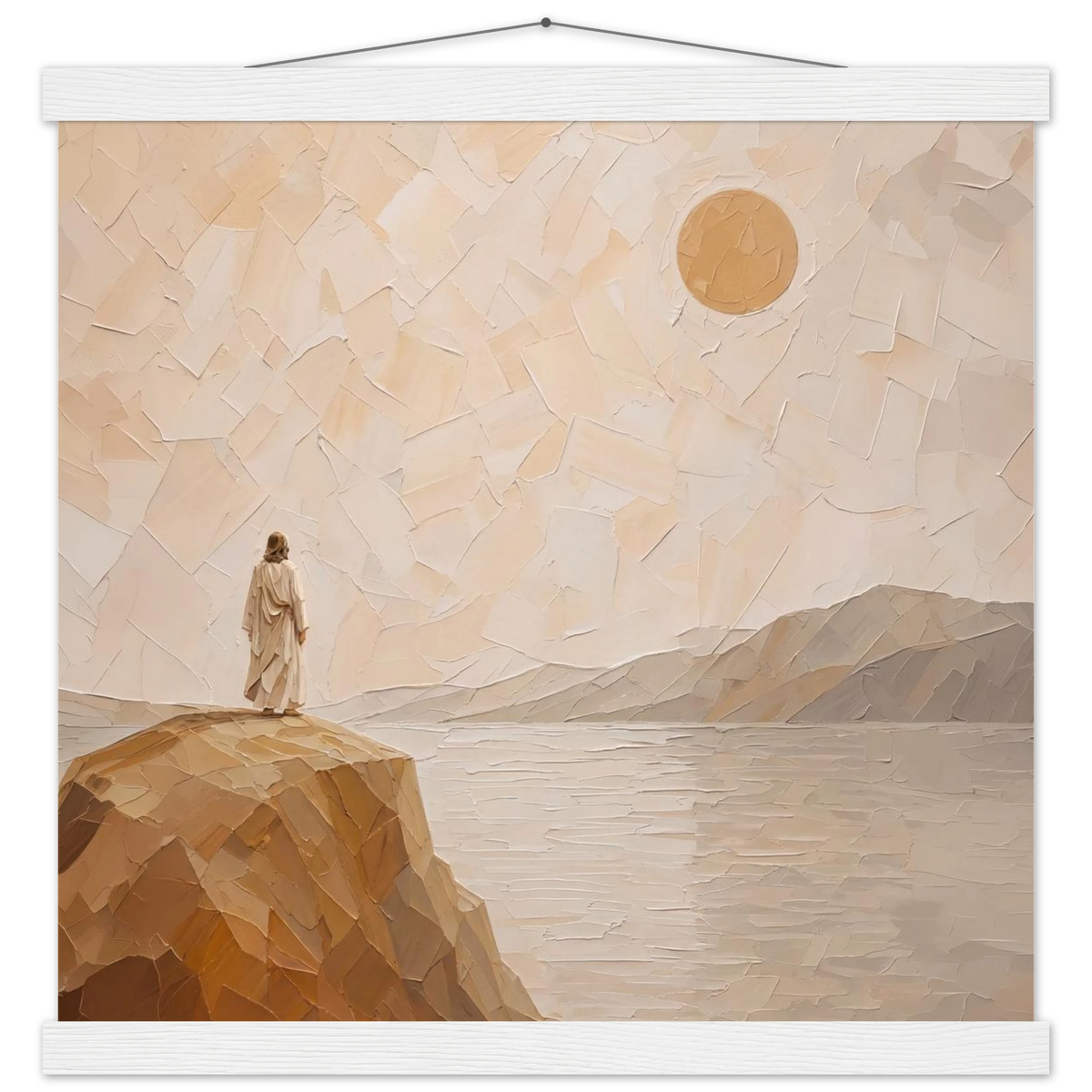 Salt Shore: jesus, cliff and sea. Fine art poster with wooden hanger by The Light Stays.