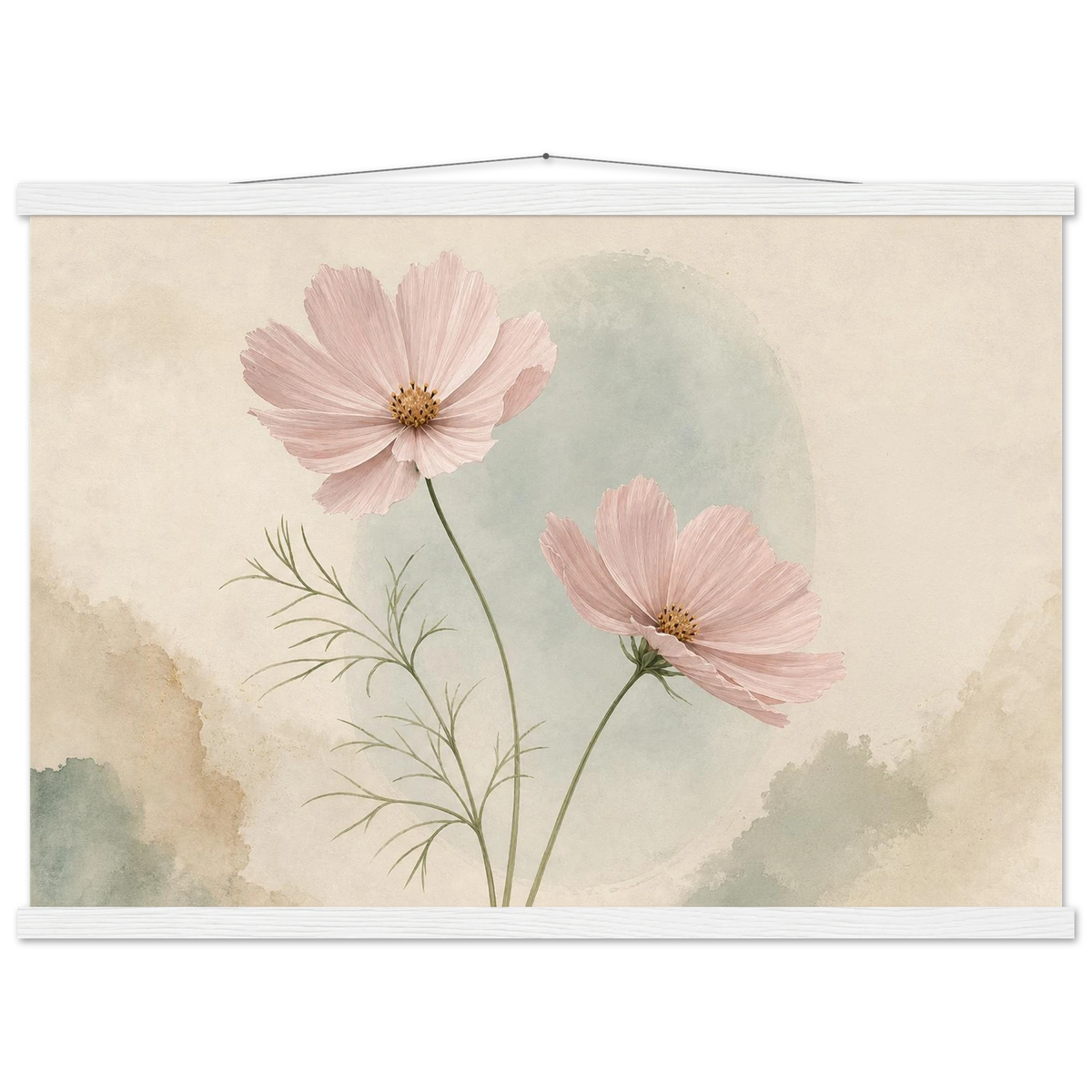 Cosmos Unison: flowers, blush and celadon. Fine art poster with wooden hanger by The Light Stays.
